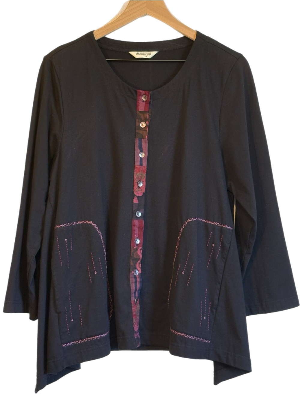 Marketplace Handwork of India Black Slub Cotton Tunic Top M Lagenlook Artisan